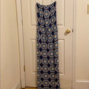 Multicolored, strapless maxi dress with tie waist